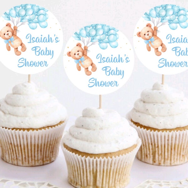 Blue Teddy Bear - Personalized Baby Shower Cupcake Topper on Toothpicks - It's a Boy Theme Baby Shower Toppers - Choose Your Size