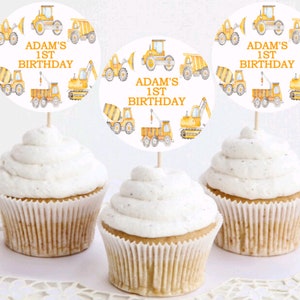 Construction Trucks - Personalized Birthday Cupcake Topper on Toothpicks - Custom Theme Toppers - Choose Your Size