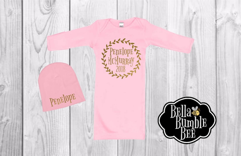 Pink Baby Coming Home Outfit Gown and Hat Newborn Dress with Custom Name Girl or Boy White Personalized Cap Beanie 380