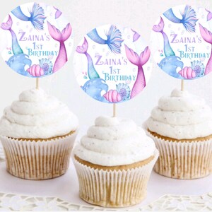 Mermaid Pastel - Personalized Birthday Cupcake Topper on Toothpicks - Custom Girls Under The Sea Theme Toppers - Choose Your Size