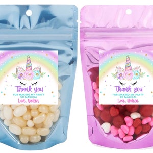 Thank You Unicorn Party Favors - Custom Birthday Treat Bags - Popcorn Treat Gift Bags - Stand Up Pouch - Pink Blue Gold or Silver Bags