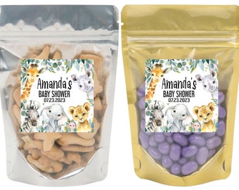 Custom Baby Shower Treat Bags - Safari Animal Theme -Popcorn Or Treat Baby Shower Gift Bags - Stand Up Pouch Favors - Pink Blue Gold Silver