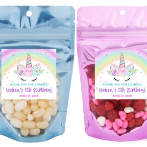 Thank You Unicorn Party Favors - Custom Birthday Treat Bags - Popcorn Treat Gift Bags - Stand Up Pouch - Pink Blue Gold or Silver Bags