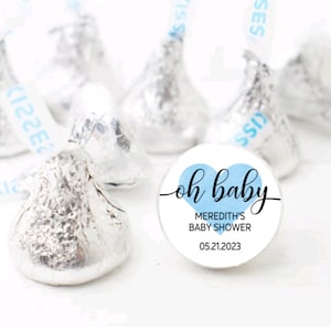 Oh Baby - Baby Shower Heart Kiss Stickers - 80 Blue Boy Theme Baby Shower Merci Favor Sticker for Kisses