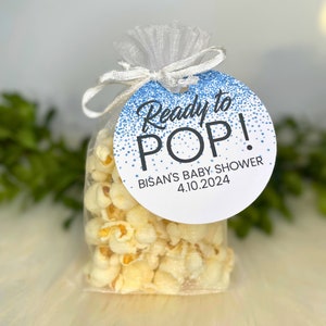 Blue Ready To Pop Glitter Confetti - Round Glitter Baby Shower Favor Gift Tag With Organza Bag - Personalized Popcorn Favors or Treat Bags