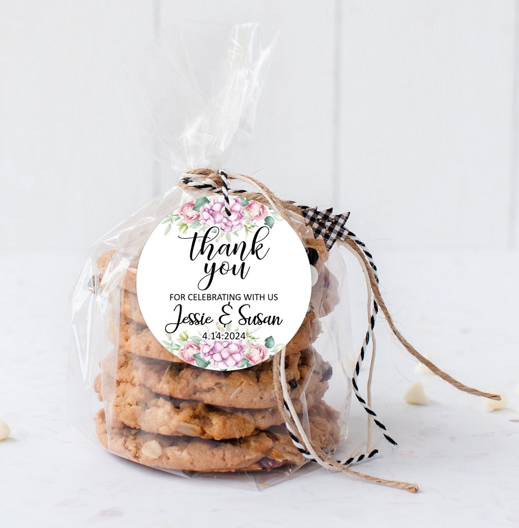 Thank You Round Bridal Shower Pink Hydrangea Floral Rose Theme Favor Tags - Engagement Wedding Treat Candy Bag - Tag ONLY
