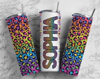 Custom 20oz Tumbler for Hot Cold Drinks - Rainbow Leopard Cheetah - Personalized Gift for Her - Customized Insulated Cup