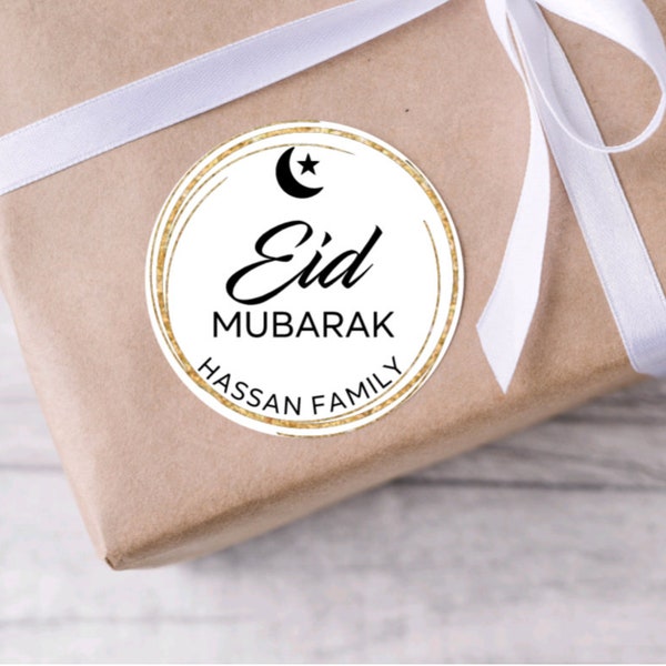 Eid Mubarak Custom White Stickers - Gold Round Circle Party Favor Sealer - Envelope Candy Bag or Gift