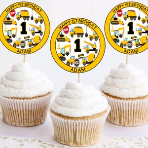 Construction Trucks - Personalized Birthday Cupcake Topper on Toothpicks - Custom Theme Toppers - Choose Your Size