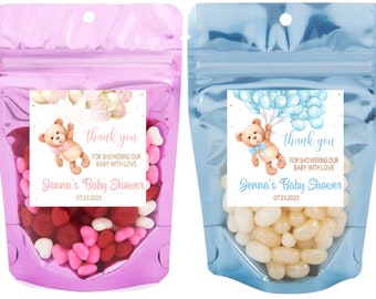 Custom Baby Shower Treat Bags - Popcorn Or Treat Baby Shower Gift Bags - Stand Up Pouch Favors - Pink Or Blue Teddy Bear Balloon Theme