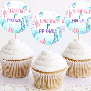 Mermaid Pastel - Personalized Birthday Cupcake Topper on Toothpicks - Custom Girls Under The Sea Theme Toppers - Choose Your Size