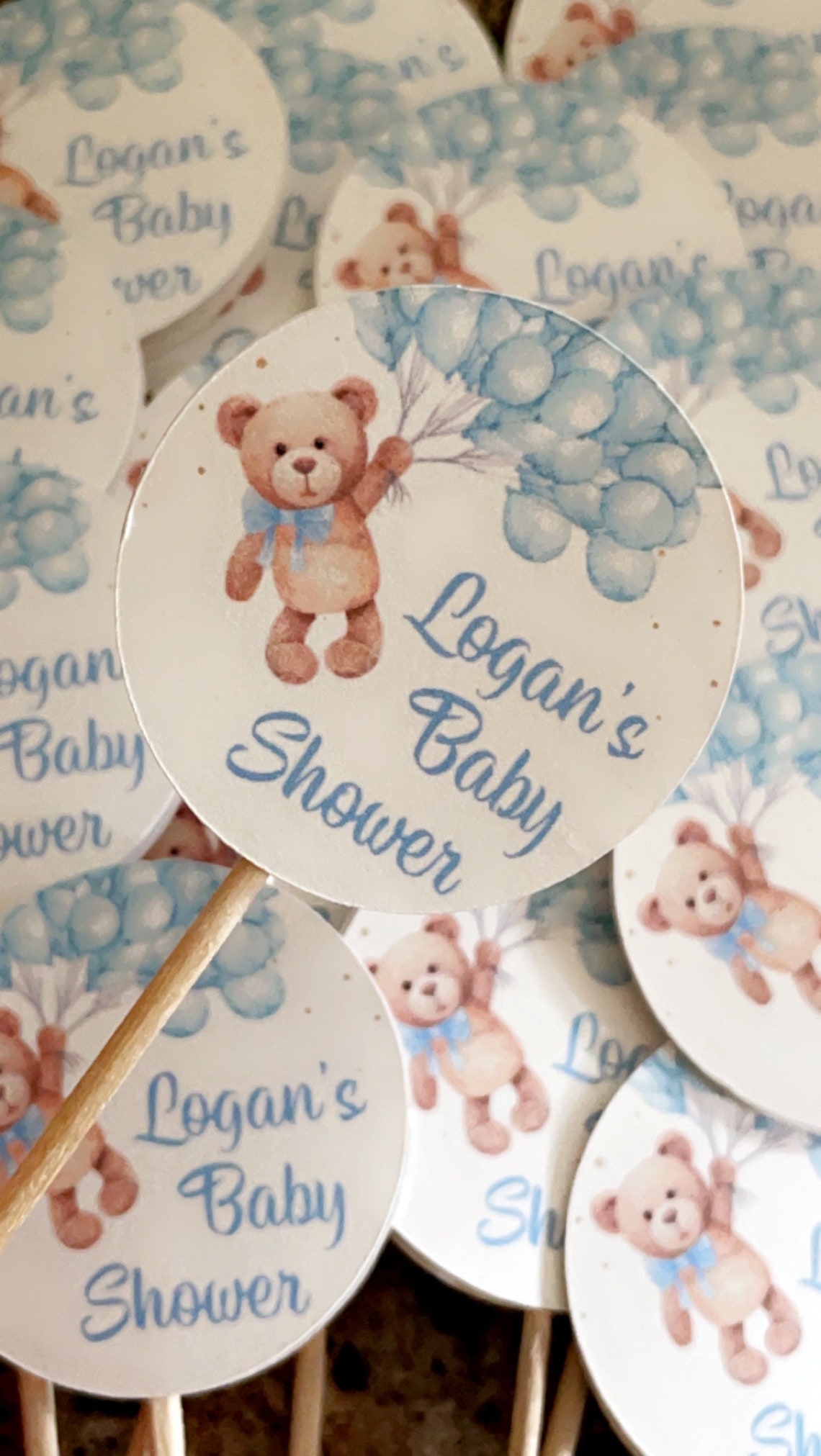 Blue Teddy Bear - Personalized Baby Shower Cupcake Topper on Toothpicks ...