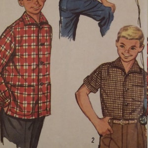 May include: Illustration of three boys in vintage clothing. One wears a red and white plaid shirt, another a striped shirt and blue pants, and the third a brown and white checkered shirt with brown pants. The image is a vintage fashion illustration.