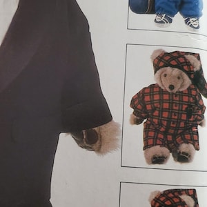 May include: Image of a teddy bear wearing a black suit with a white shirt. Other teddy bears are shown wearing blue overalls, red plaid pajamas, and a red robe with a black patch. The bears have brown fur.