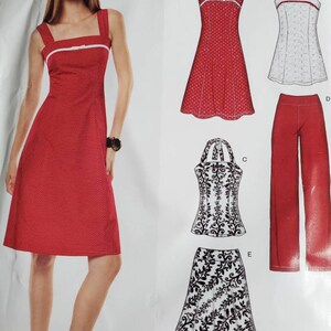 May include: A red dress with white polka dots and a white trim, along with other clothing patterns. The dress has a square neckline and wide straps. The image also shows a white top with red trim, red pants, and a black and white patterned top and skirt.