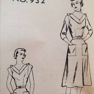 May include: Vintage sewing pattern featuring a dress design with a V-neck, pockets, and a belt. The illustration shows a woman in the dress, with the pattern number "NO. 932" at the top. The dress has a classic, retro style.