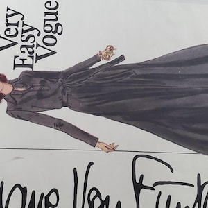 May include: A vintage sewing pattern featuring two dress designs. One dress is green with a small white pattern, and the other is a long black dress. The pattern is labeled "Very Easy Vogue" and "American Designer Original."