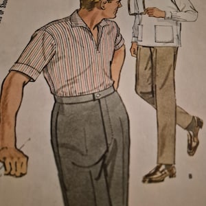 May include: A vintage sewing pattern envelope featuring illustrations of two outfits. One shows a short-sleeved shirt with red and blue vertical stripes paired with grey shorts. The other shows a long-sleeved white shirt with pockets and tan trousers.