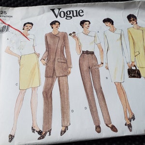 May include: Vogue pattern 1925. The image shows a vintage sewing pattern featuring illustrations of women's fashion designs. The designs include a skirt suit, a pantsuit, a dress, and a jacket with a skirt. The Vogue logo is at the top.