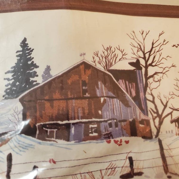 Barn Scene picture crewel stitchery designed by Carol and Don Henning Kit Number designed to 12  by 22 inch frame