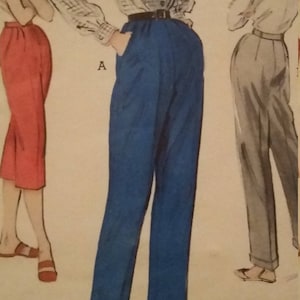May include: Vintage fashion illustration featuring three figures. The central figure wears blue trousers, a plaid shirt, and a black belt. The other figures are in red and gray outfits. The image is a retro style drawing.