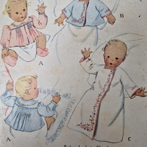 May include: Vintage illustration of baby clothing designs. The image features drawings of babies in various outfits, including a pink jacket, a blue jacket, and a white kimono-style robe. The text reads "Baby Jacket, Short or Long Kimono."