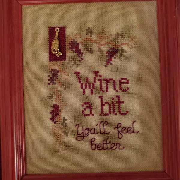 Professionally Framed Wine a Bit Cross Stitch Picture with attached charm included from Sue Hillis Design