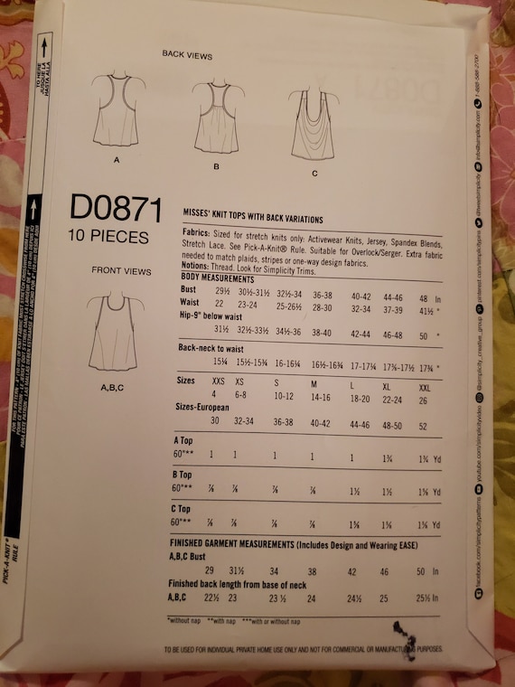 Simplicity 0871 ソーイングパターン エクササイズトップス サイズXXS