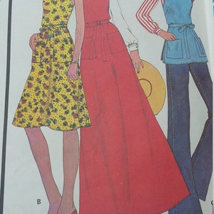 May include: Vintage sewing pattern featuring three apron designs. One is a long red apron, another is a yellow floral apron, and the third is a blue apron. The text "MISSES' BUTCHER APRON" is at the bottom of the image.