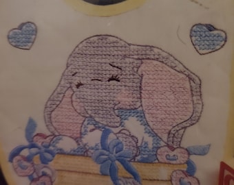 Never Opened Like New Stamped Cross Stitch Kit elephant 1 bib Number 63141 Bucilla with yellow trim