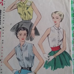 May include: Vintage sewing pattern featuring illustrations of sleeveless blouses and skirts. The pattern includes a size 12 with a 30-inch bust. The design showcases three different blouse styles with various skirt options. The text "SIMPLE TO MAKE" is visible.