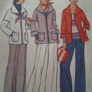 May include: Simplicity sewing pattern featuring three women's fashion designs. The designs include jackets, wide-leg pants, and a hat. The color palette includes white, red, blue, and a touch of black. The text "SIMPLE-TO-SEW" is visible at the bottom.