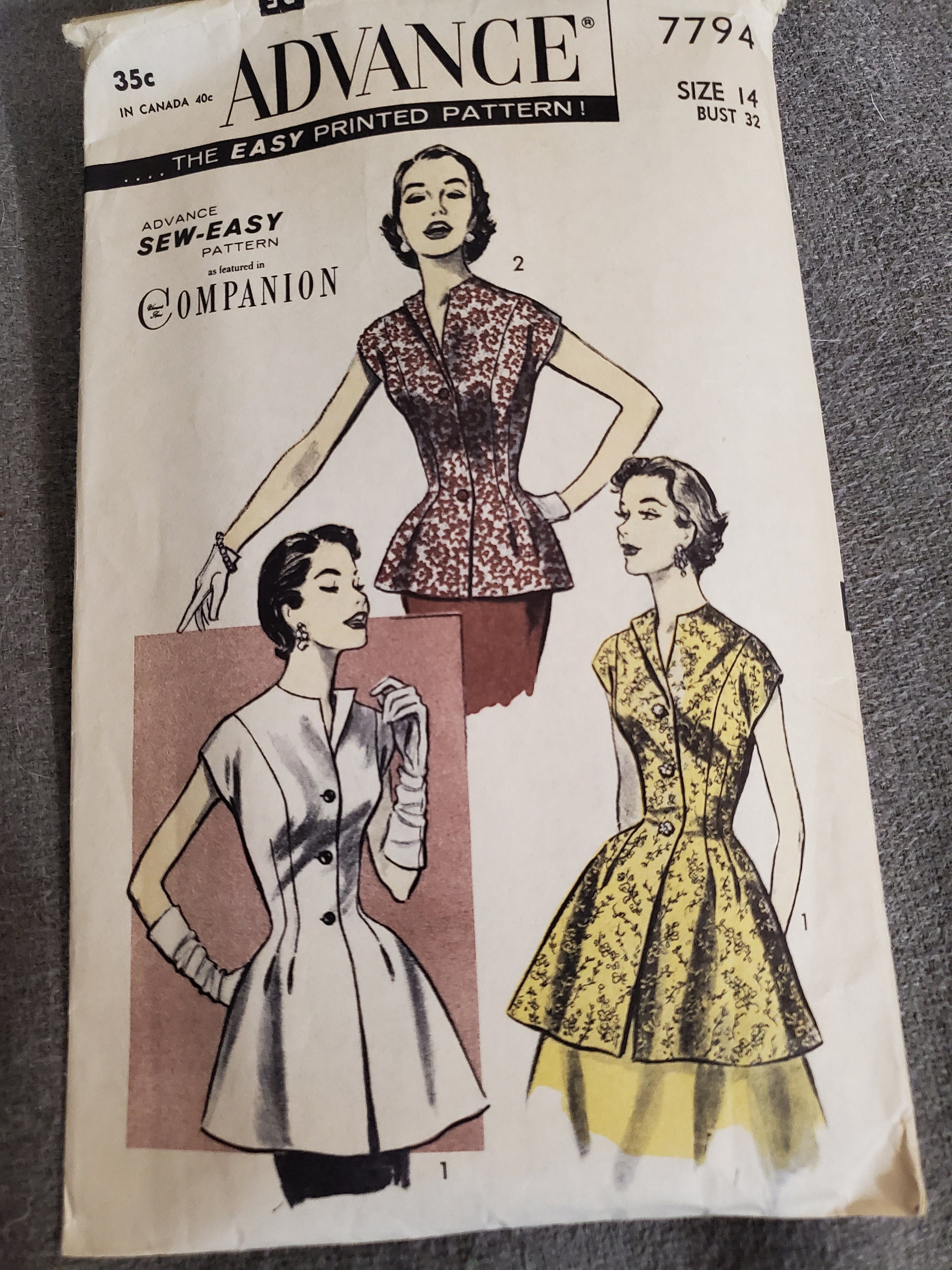 Advance 7794 裁縫パターン サイズ14 チュニックブラウス 60年代