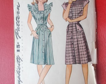 UNCUT and FF Pattern Pieces 1940s Size 14 Bust 32 Fitted Dress with Ruffle Trim Vintage Simplicity 1283 Sewing Pattern