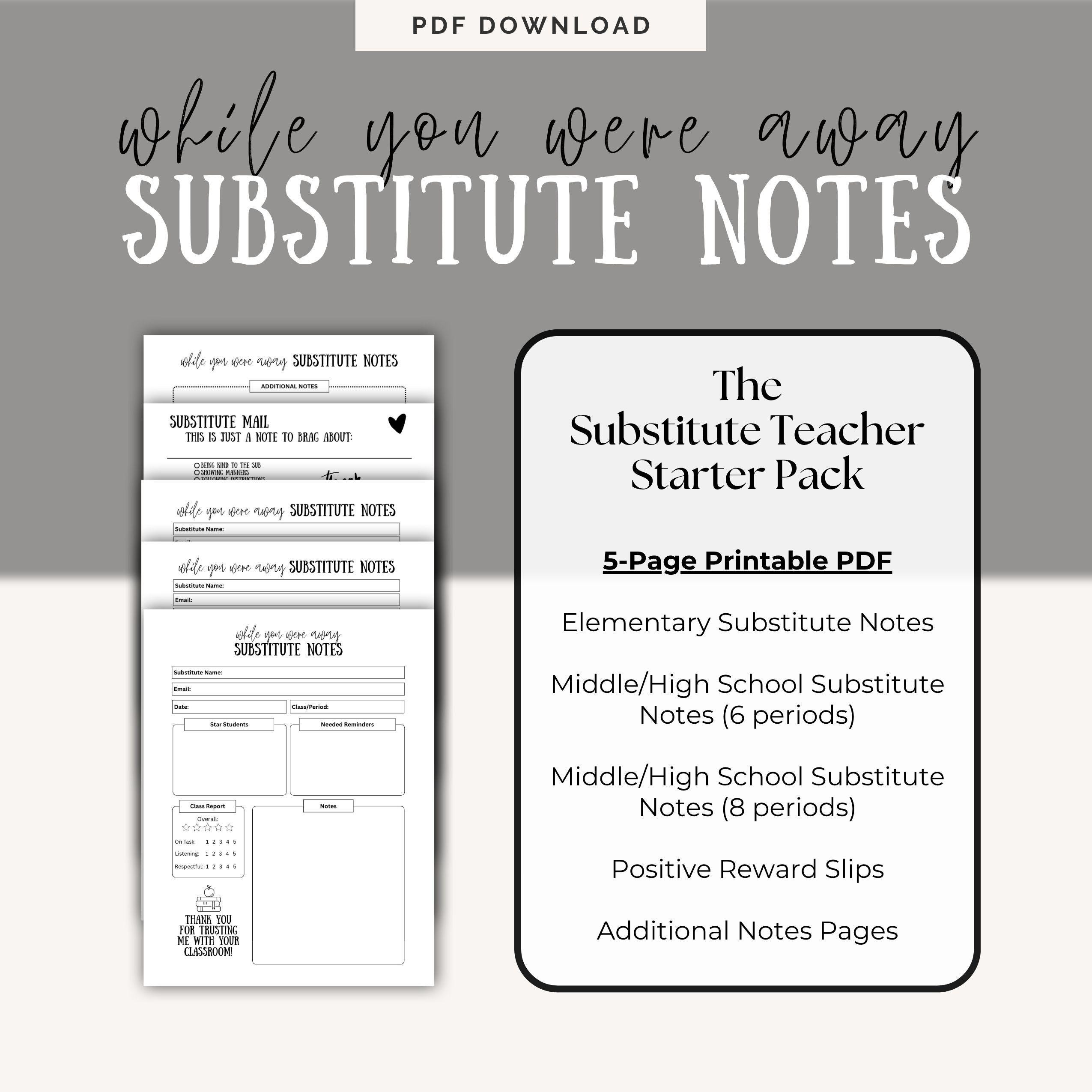 Substitute Teacher Notes Printable | Class Report, Reward Slips (PDF ...