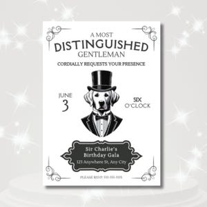 Distinguished Gentleman Dog Geburtstagseinladungsvorlage, bearbeitbar und druckbar Lustige Hundeparty einladen, anpassbare Haustier-Geburtstagskarte