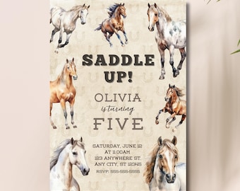 May include: A tan and brown invitation with a watercolor design of horses and horseshoes. The text reads "Saddle Up! Olivia is turning Five. Saturday, June 12 at 11:00 AM, 123 Anywhere St., Any City, ST 12345, RSVP: 555-555-5555".
