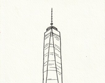 One World Trade Center, NYC Landmark, New York City, Hand Drawn Pen and Ink Original Illustration