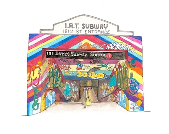 Subway Entrance, 191st Street Tunnel, Graffiti Tunnel, 1 Train, MTA, 2020 Illustration, Inwood, Manhattan, New York City, Watercolor Print