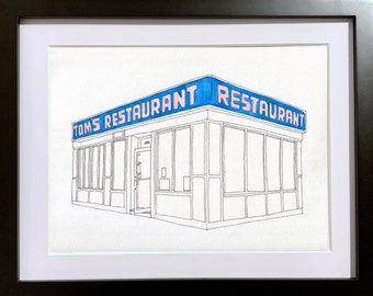 Seinfeld TV Show, Monk's Cafe, Tom's Restaurant,  Upper West Side, Manhattan, New York City, Watercolor Painting, Hand Painted Original