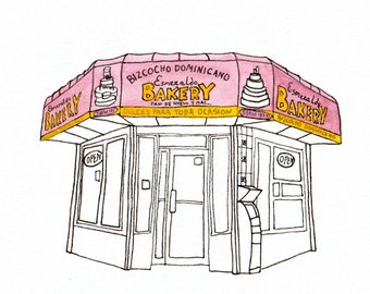 Esmeraldo Bakery, 2020 Storefront Illustration, 181st Street, Washington Heights, Manhattan, New York City, Watercolor Print
