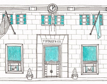 Breakfast at Tiffany's Movie, 1960's Tiffany & Co. Building, 5th Avenue, New York City, Watercolor Print