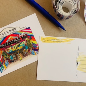 Cartões postais com ilustração em aquarela - Marcos de Washington Heights: 191st St. Station, Pinehurst Stairs, Mr Softee, United Palace, Lighthouse