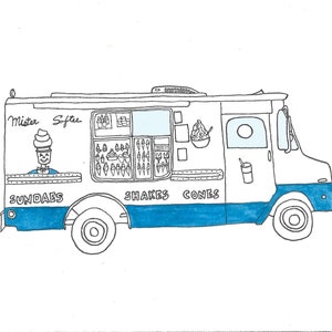 Puede incluir: Un camión de helados blanco con ribetes azules y las palabras "Mister Softee" en el lateral. El camión tiene una ventana con una persona dentro y un letrero que dice "Sundae's, Shakes, Cones".