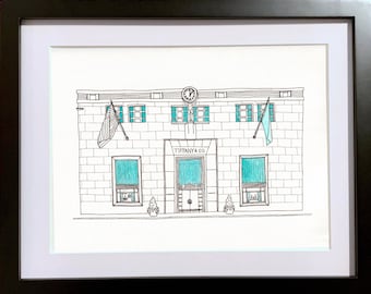 Breakfast at Tiffany's Movie, 1960's Tiffany & Co. Building, 5th Avenue, New York City, Watercolor Painting, Hand Painted Original