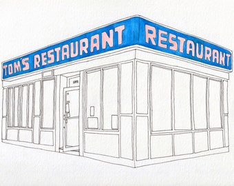 Seinfeld TV Show, Monk's Cafe, Tom's Restaurant,  Upper West Side, Manhattan, New York City, Watercolor Print