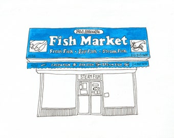 Fish Market, 2020 Storefront Illustration, LOCATION, Washington Heights, Manhattan, New York City, Watercolor Print