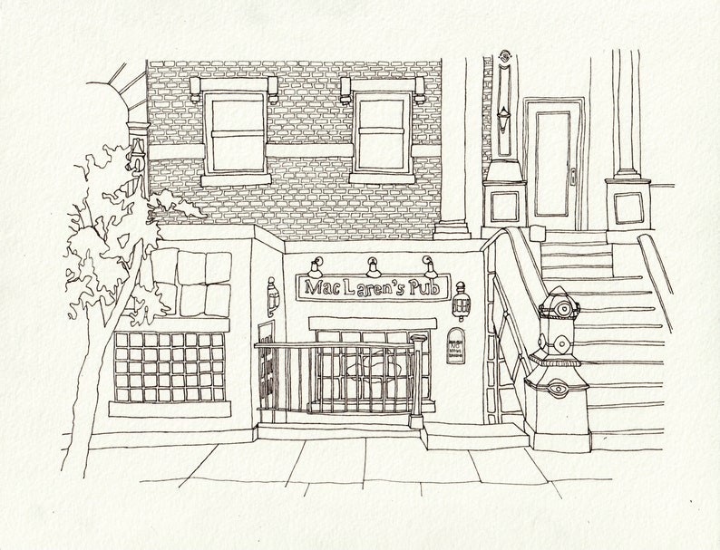 How I Met Your Mother TV Show, MacLaren's Pub, New York City, Watercolor Print Black and White