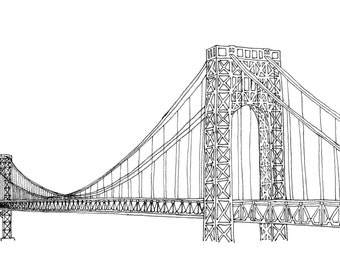 George Washington Bridge, GWB, NYC Landmark, New York City, Hand Drawn Pen and Ink Original Illustration