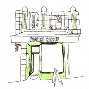 Cafe Buunni, 2020 Cafe Illustration, 187th Street, Washington Heights, Manhattan, New York City, Watercolor Print